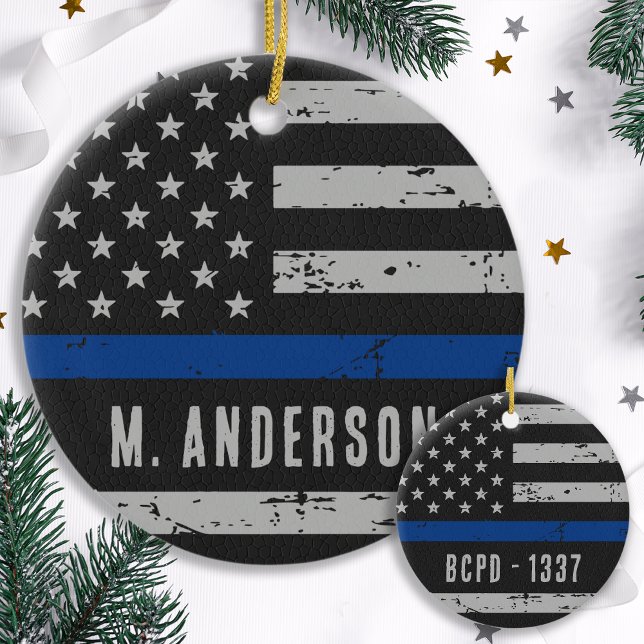 Polischef - US American Flagga Thin Blue Line Julgransprydnad Keramik (Skapare uppladdad)