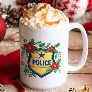 Polisen God Jul Sköld med Poinsettia Kaffemugg