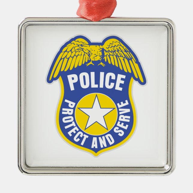 Polisen skyddar och tjänar som emblem julgransprydnad metall (Framsidan)