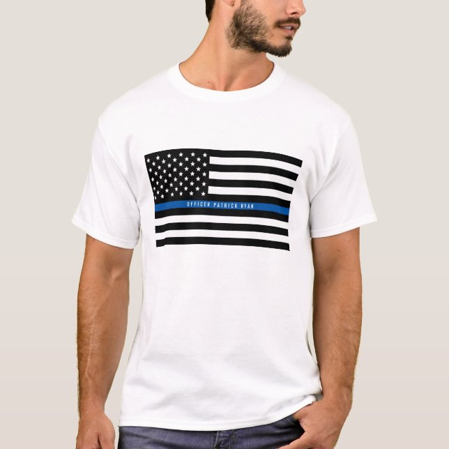 Polisen Thin Blue Line American Flagga Add Namn T Shirt (Framsida)
