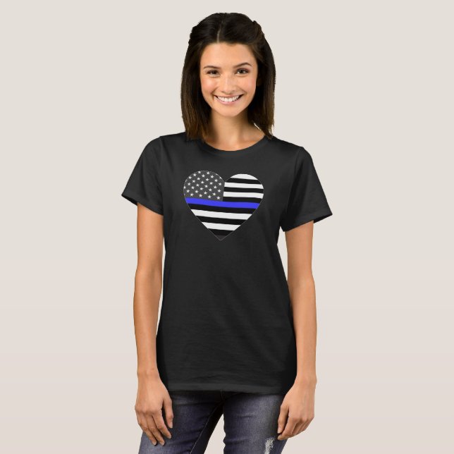 Polisen Thin Blue Line American Flagga eart Heart T-shirt (Hel framsida)