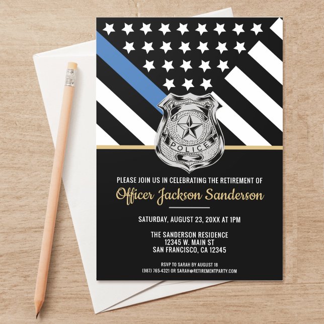 Polisen Thin Blue Line Tillsatta lagar Pension Inbjudningar (Perfect invitations to invite guests to honor the retiring police and law enforcement officer.)