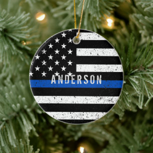 Polisens bedrövliga Thin Blue Line med namn Julgransprydnad Keramik