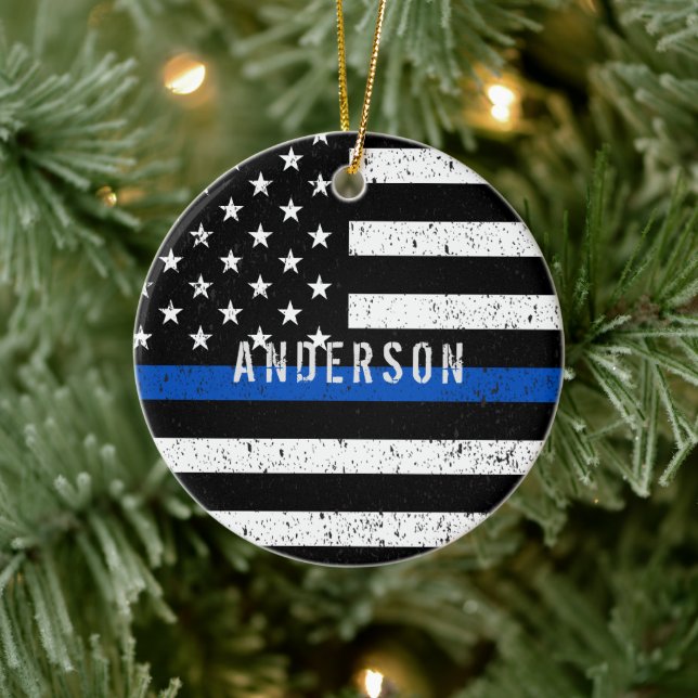 Polisens bedrövliga Thin Blue Line med namn Julgransprydnad Keramik (Träd)