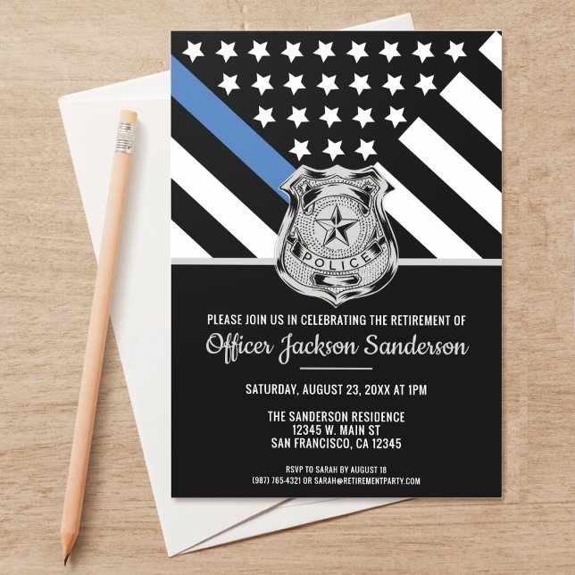Polisens pensionsblå linjeflagga brottsbekämpning inbjudningar (Perfect invitations to invite guests to honor the retiring police and law enforcement officer.)