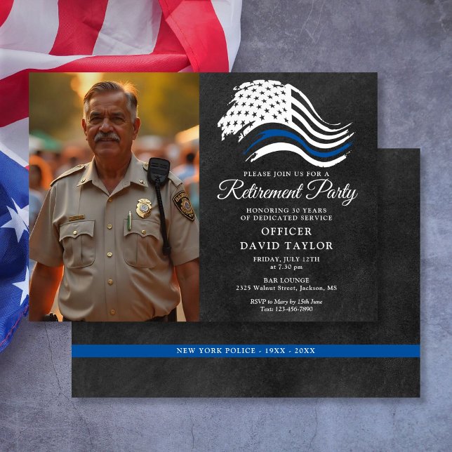 Polisens pensionsfest Tunn blå linje Flagga Foto Inbjudningar (Police Retirement Party Thin Blue Line Flag Photo Invitation)