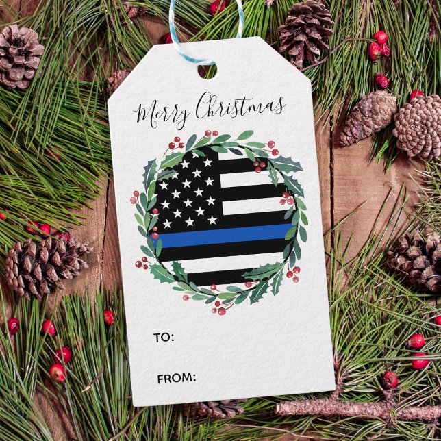 Polisens tunna blå linje jul presentetikett (Skapare uppladdad)
