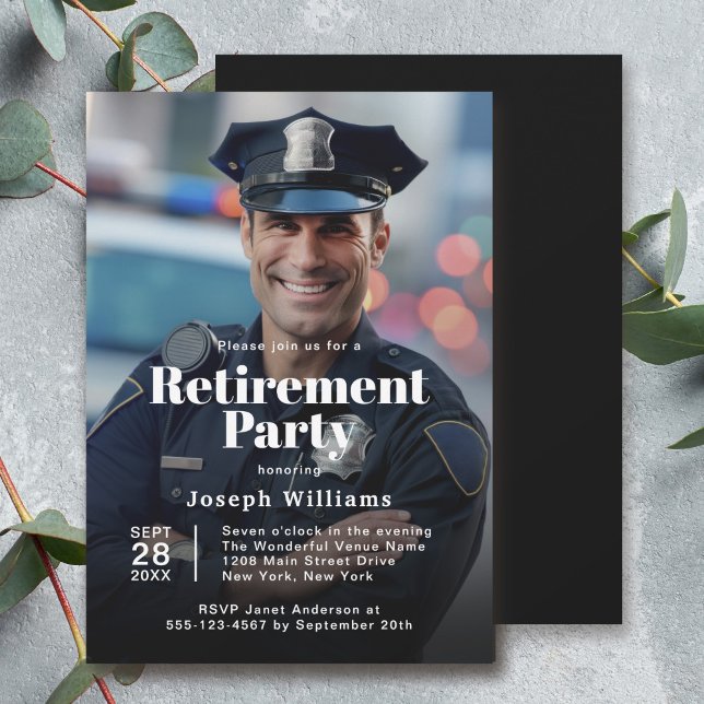 Polisfoto Pension Party Firande Inbjudningar (Available in both printed and instant download digital format.)