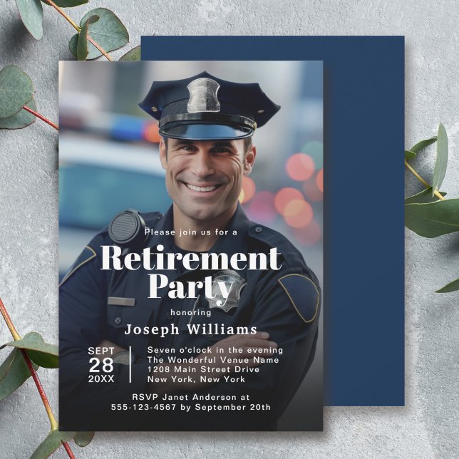Polisfoto Pension Party Firande Inbjudningar (Available in both printed and instant download digital formats.)