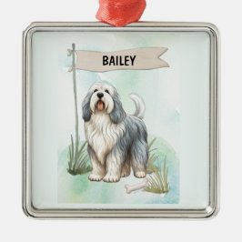 Polish Lowland Sheepdog Watercolor Personalize Dog Julgransprydnad Metall