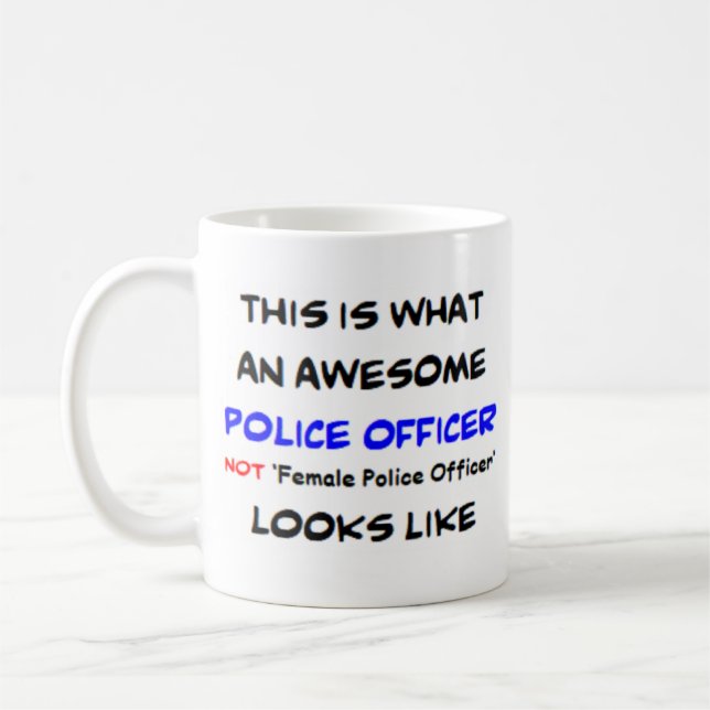 polistjänsteman, ej kvinnlig polis, fantastisk kaffemugg (Vänster)