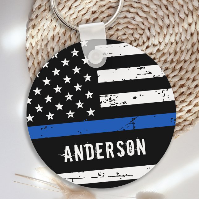 Polistjänsteman Personlig Namn Thin Blue Line Nyckelring (Skapare uppladdad)