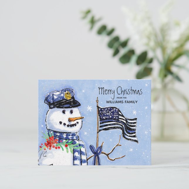 Polistrött blå linje Flagga God jul Snögubbe Helg Vykort (Stående Fram)