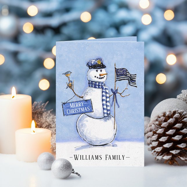 Polistrött blå linje Flagga God jul Snögubbe Helgkort (Thin Blue Line Flag Snowman Police Officer Custom Family Name Merry Christmas Card.)