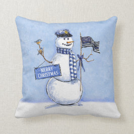 Polistrött blå linje Flagga God jul Snögubbe Kudde