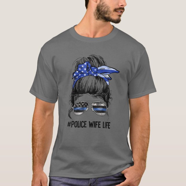Polisvampen Life Messy Bun Thin Blue Line Bakåt T Shirt (Framsida)