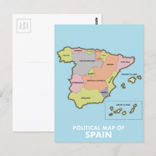 Politisk karta i Spanien. Vykort