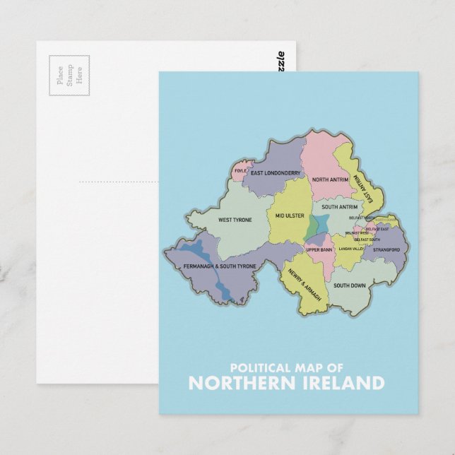 Politisk karta över Nordirland. Vykort (Fram/baksida)