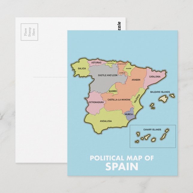Politisk karta över Spanien. Vykort (Fram/baksida)