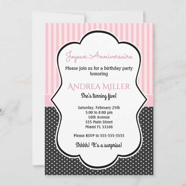 Polka Black White Rosa Rand Birthday Inbjudan (Framsida)