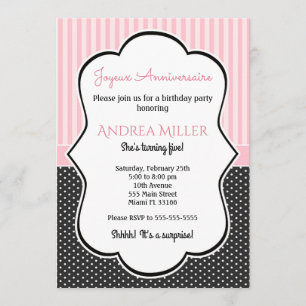 Polka Black White Rosa Rand Birthday Inbjudan
