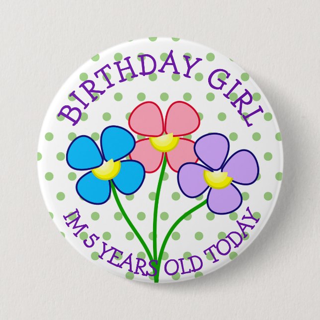Polka Doften Birthday Girl Button 5 Years Knapp (Framsida)