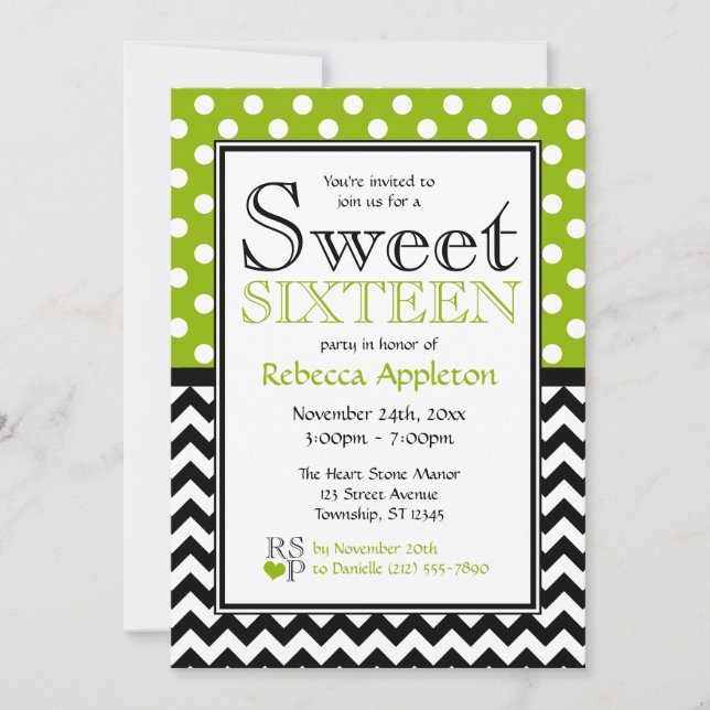 Polka Dot Apple Grönt Chevron Sweet sixteen Inbjudningar (Framsida)