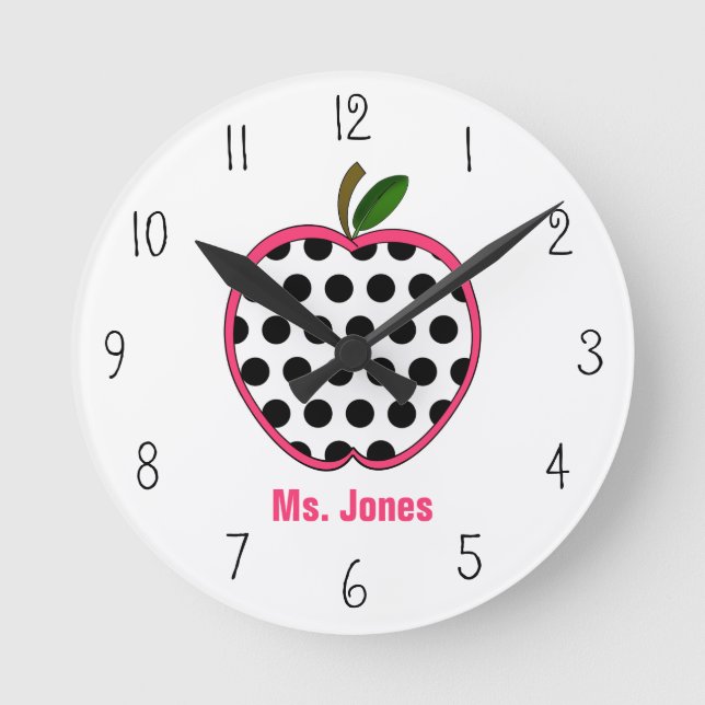 Polka Dot Apple Teacher Clock Rund Klocka (Framsida)
