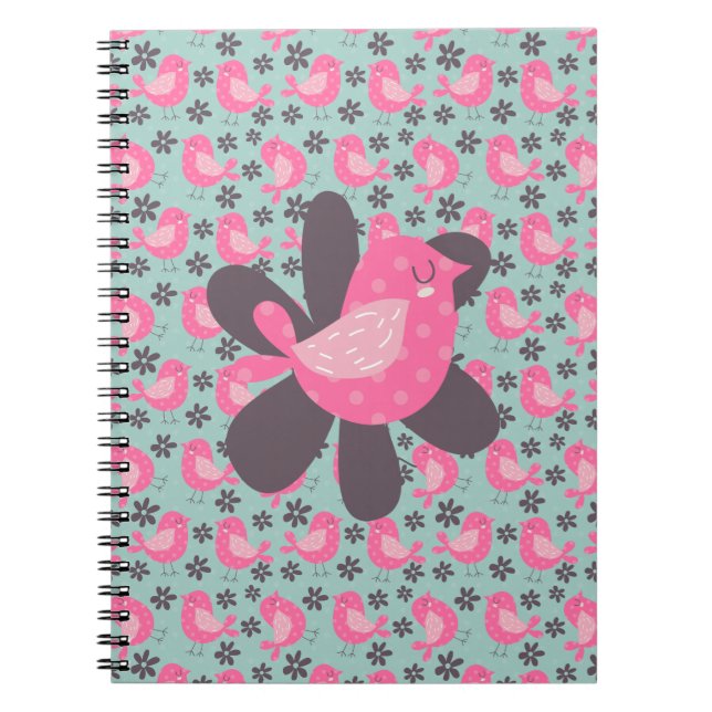 Polka Dot Birds and Flowers Anteckningsbok Med Spiral (Framsidan)