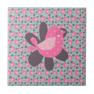 Polka Dot Birds and Flowers Kakelplatta