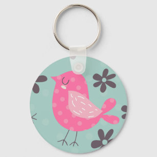 Polka Dot Birds and Flowers Nyckelring
