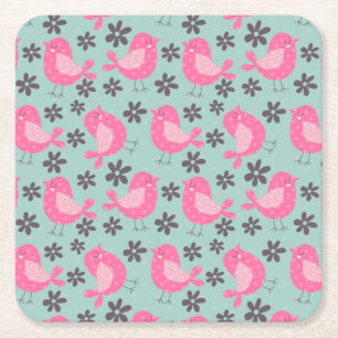 Polka Dot Birds and Flowers Underlägg Papper Kvadrat
