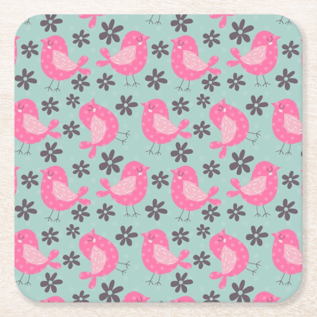 Polka Dot Birds and Flowers Underlägg Papper Kvadrat (Framsidan)