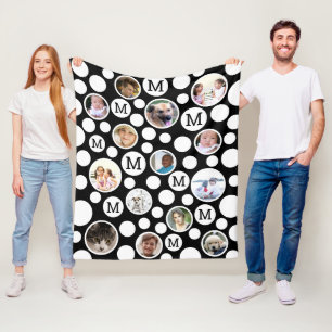 Polka Dot Black White Monogram 14 Photo Collage Fleecefilt
