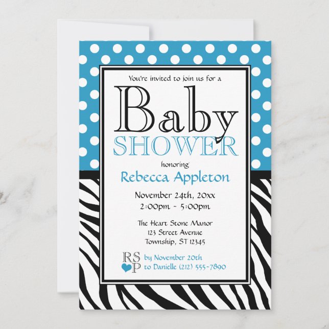 Polka Dot Blue & Zebra tryck Baby Shower Inbjudningar (Framsida)