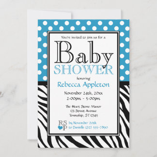 Polka Dot Blue & Zebra tryck Baby Shower Inbjudningar