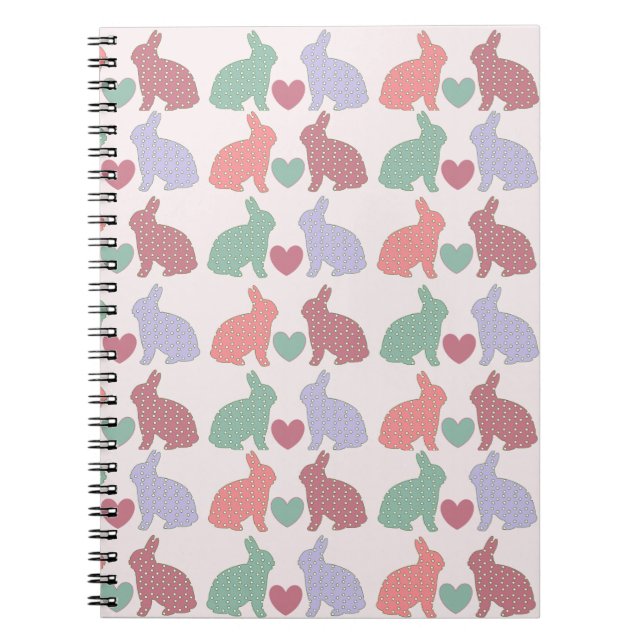 Polka Dot Bunnies och Hearts Mönster på Rosa Anteckningsbok (Framsidan)