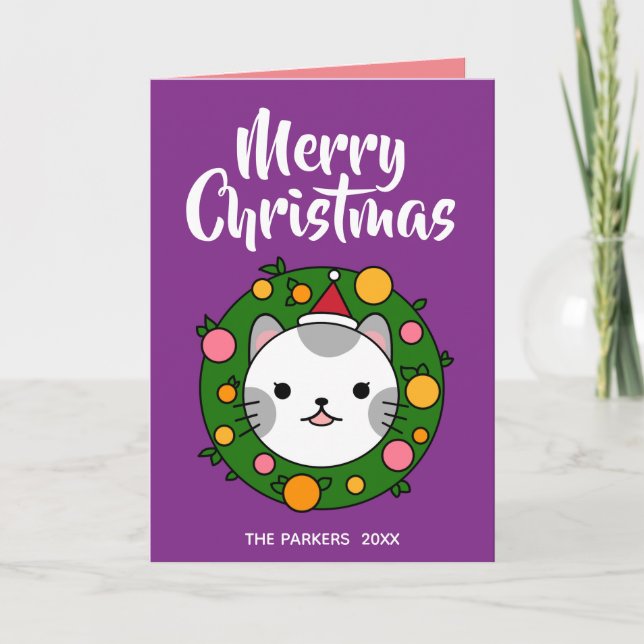 Polka Dot Cat WAN Lila| God jul Photo Helgkort (Framsida)
