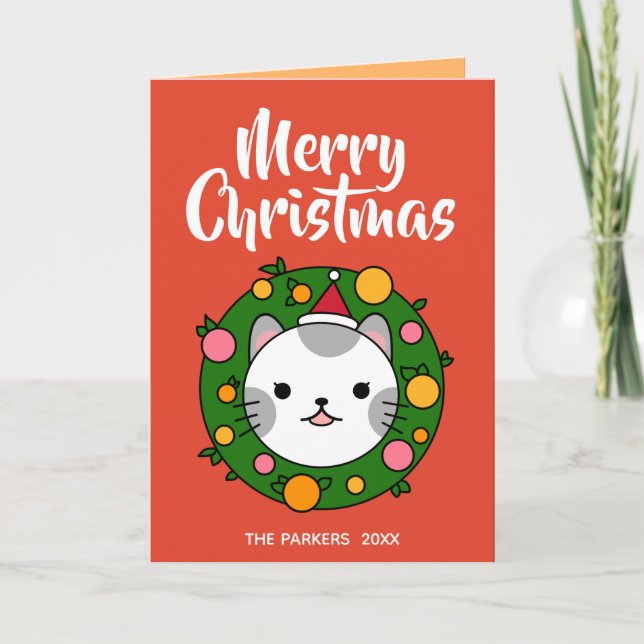 Polka Dot Cat WAN Red | God jul Photo Helgkort (Framsida)