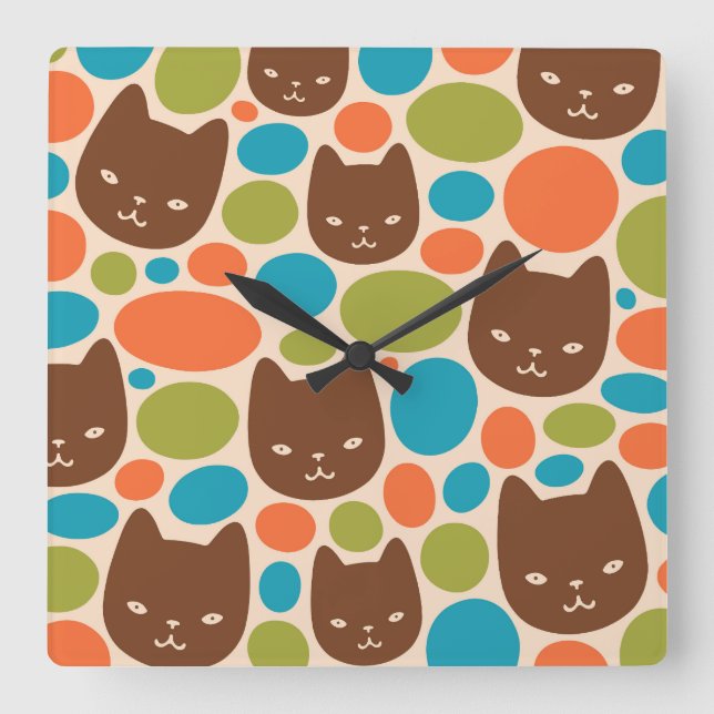 Polka Dot Cats Mönster Fyrkantig Klocka (Framsida)