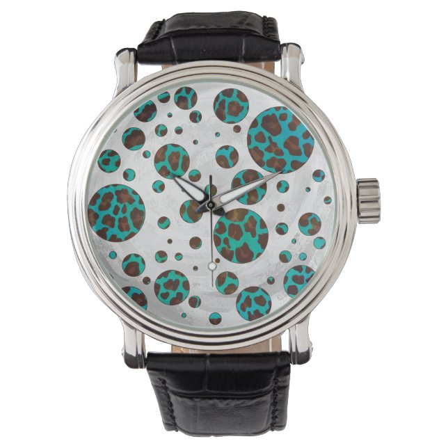 Polka Dot Cow Brown och Teal Print Armbandsur (Framsida)