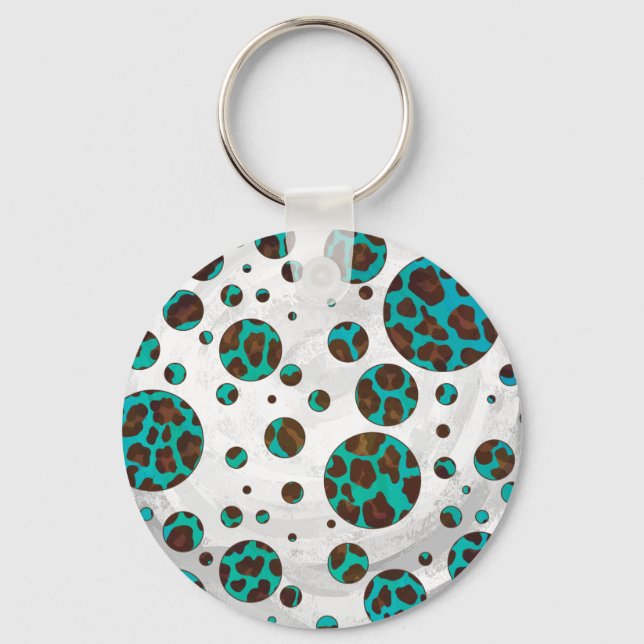 Polka Dot Cow Brown och Teal Print Nyckelring (Framsida)
