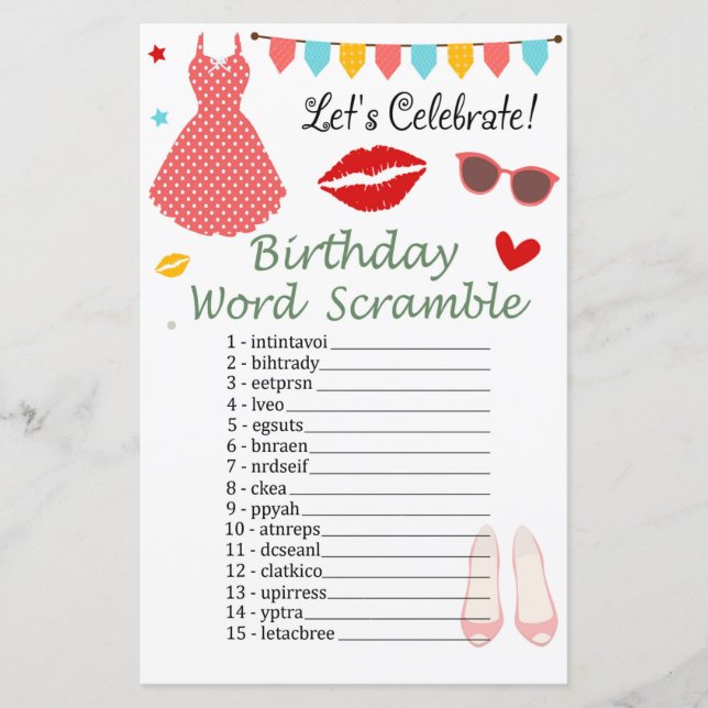 Polka dot dress Birthday Ord Scramble Game (Framsida)