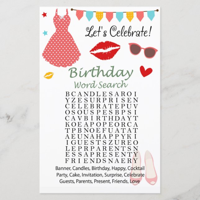 Polka dot dress Birthday Ord Search Game (Framsida)
