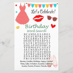 Polka dot dress Birthday Ord Search Game