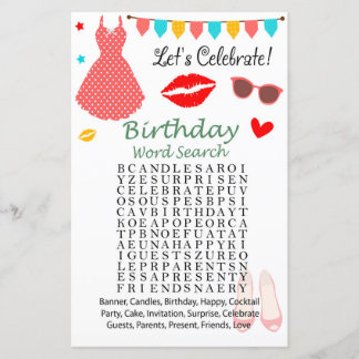 Polka dot dress Birthday Ord Search Game