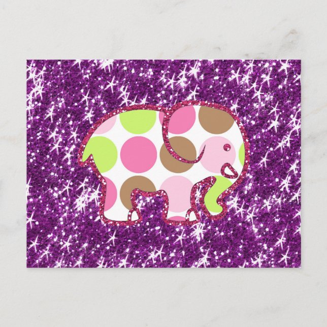 Polka Dot Elephant Sparkly Lila Girly Gifts Vykort (Framsida)