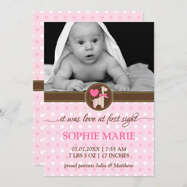 Polka Dot Giraffe Baby Photo Birth Notice Meddelande (Fram/baksida)