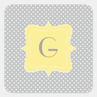 Polka Dot Grått och Gult Monogram Fyrkantigt Klistermärke