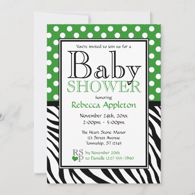 Polka Dot Grönt & Zebra tryck Baby Shower Inbjudningar (Framsida)